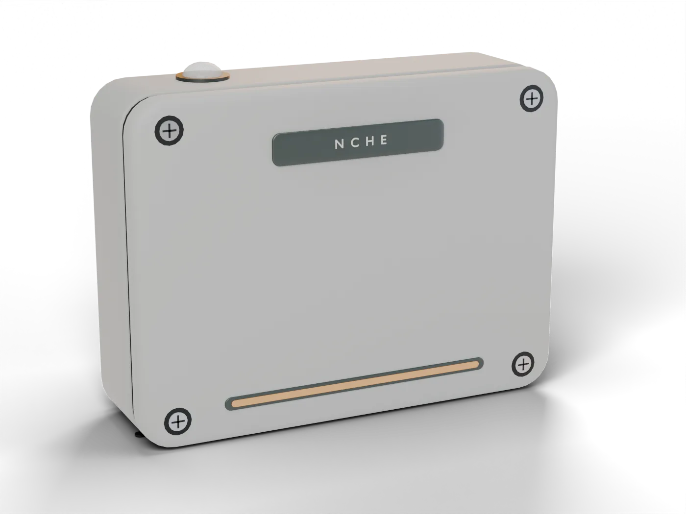 The Nche unit: a sealed light-grey box with a nameplate and an amber status light